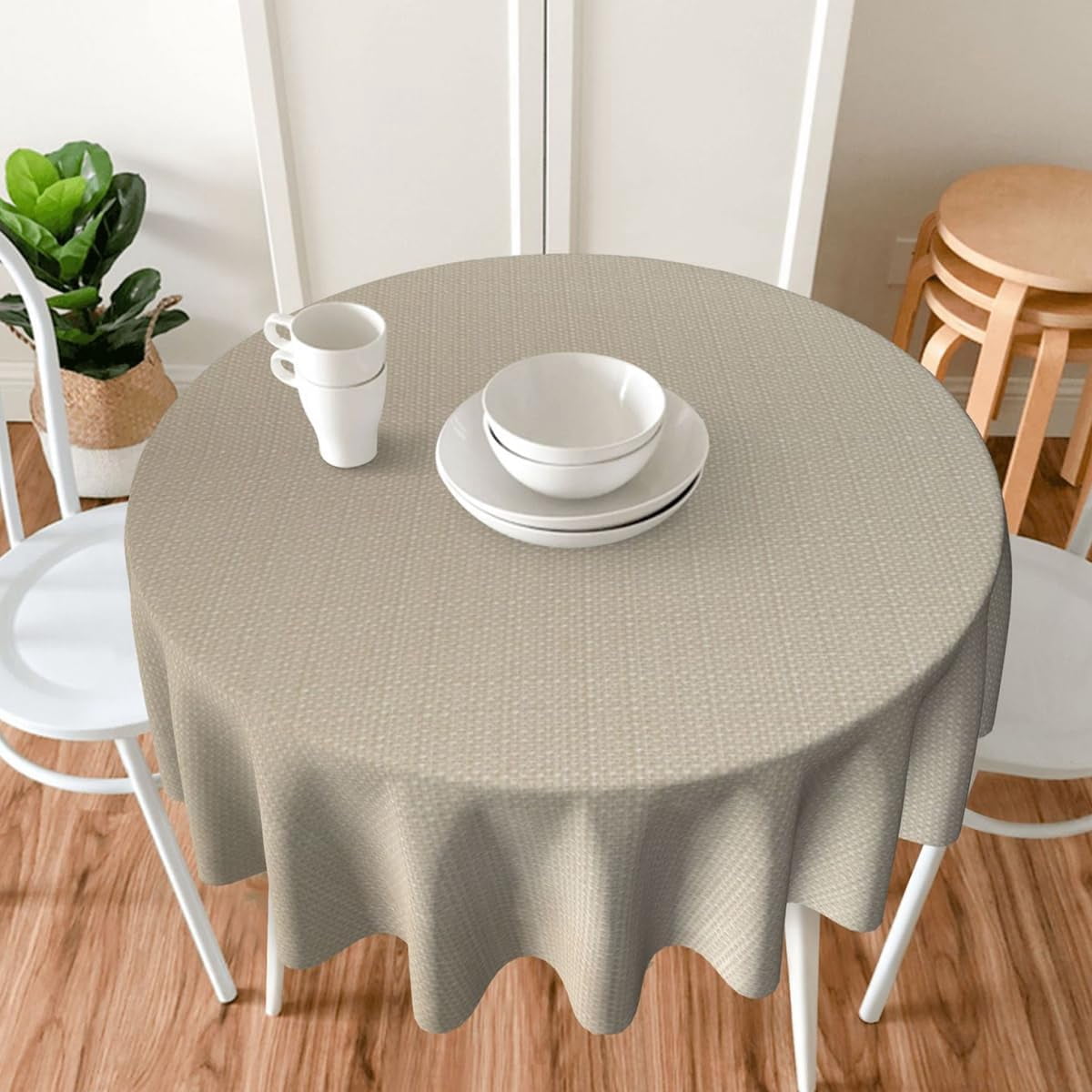 Faux Linen Round Tablecloth, Waterproof Wrinkle Free Woven Textured Table Cloth, Soft Fabric Table Cover for Home Dining, Party, Wedding, Holiday (60 Inch Round, Flax/Beige/Taupe)