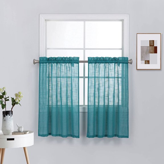 Faux Linen Short Curtains 36 Inch Length for Small Windows Set of 2 Pieces Semi Sheer Kitchen Curtains, (27"W x 36"L, Teal)