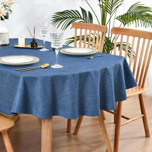 Faux Linen Small Oval Tablecloth Heavy Duty Wrinkle Resistant Fabric Table Cloths 54 x 72 Inch Navy Blue Farmhouse Rustic Table Cover for Kitchen Dining Indoor Outdoor Tabletop Decoration