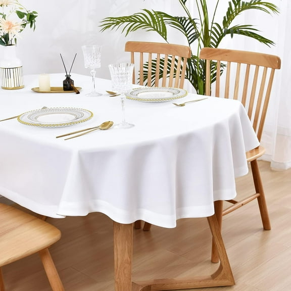 Faux Linen Small Oval Tablecloth Heavy Duty Wrinkle Resistant Fabric Table Cloths 54 x 72 Inch White Farmhouse Rustic Table Cover for Kitchen Dining Indoor Outdoor Tabletop Decoration