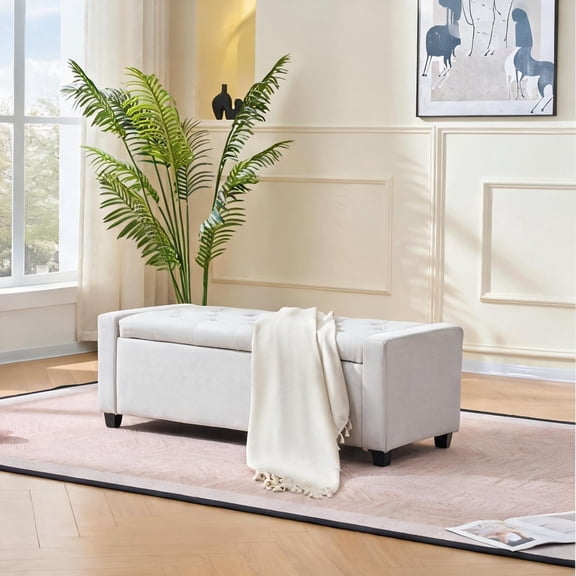 Faux Linen Storage Ottoman Bench, Linen Beige 48 Inch Hidden Storage for Bedroom Entryway