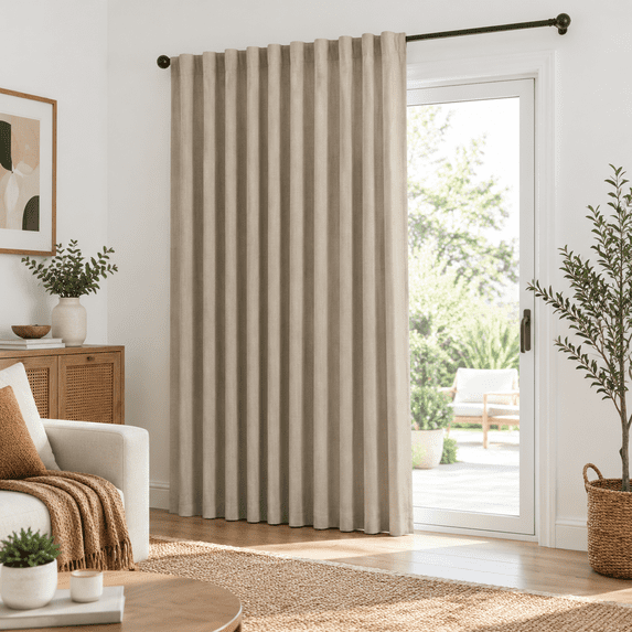 Faux Linen Total Blackout Sliding Door Curtains, Burl | Plaza Taupe ...