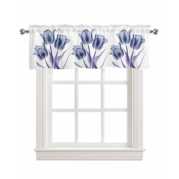 Faux Linen Valances for Windows Abstract Blue Tulip Ray White Texture Curtains Valance Light Filtering Rod Pocket Small Window Treatment for Kitchen Living Room Bedroom 54x18In