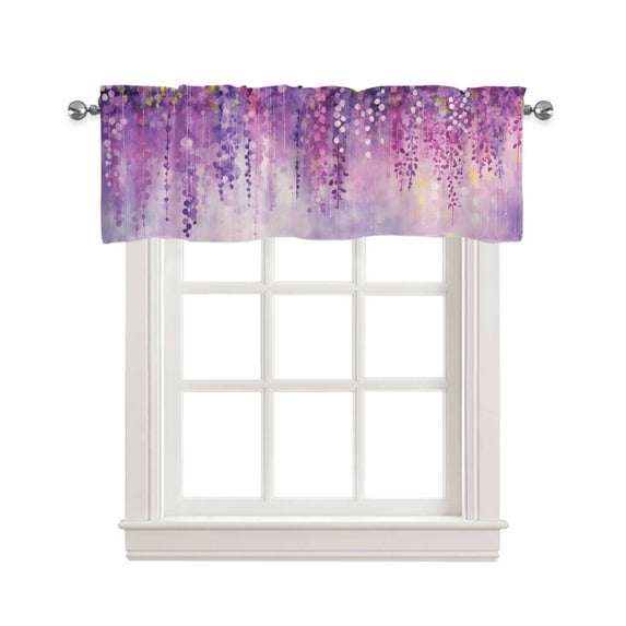 Faux Linen Valances for Windows Abstract Spring Purple Flowers Plants Oil Painting Curtains Valance Light Filtering Rod Pocket Small Window Treatment for Kitchen Living Room Bedroom 60x18In