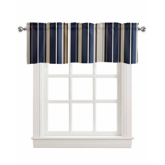 Faux Linen Valances for Windows Blue Brown Stripes Curtains Valance Light Filtering Rod Pocket Small Window Treatment for Kitchen Living Room Bedroom 42x18In
