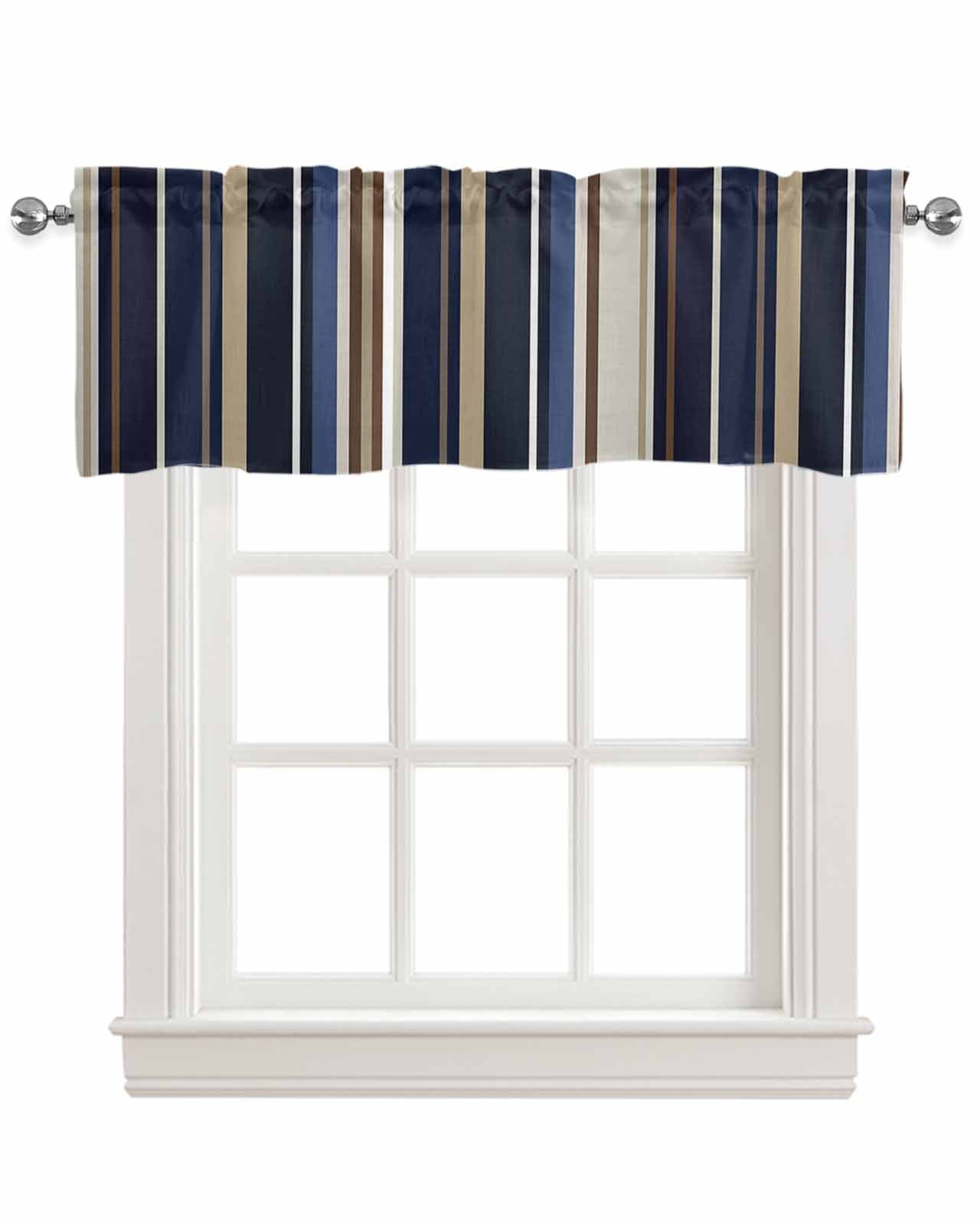 Faux Linen Valances for Windows Blue Brown Stripes Curtains Valance Light Filtering Rod Pocket Small Window Treatment for Kitchen Living Room Bedroom 54x18In