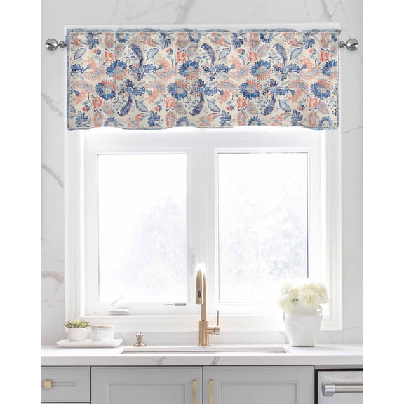 Faux Linen Valances for Windows Blue Paisley Flowers Distressed Floral Geometric Watercolor Curtains Valance Light Filtering Rod Pocket Small Window Treatment for Kitchen Living Room Bedroom 60x18In