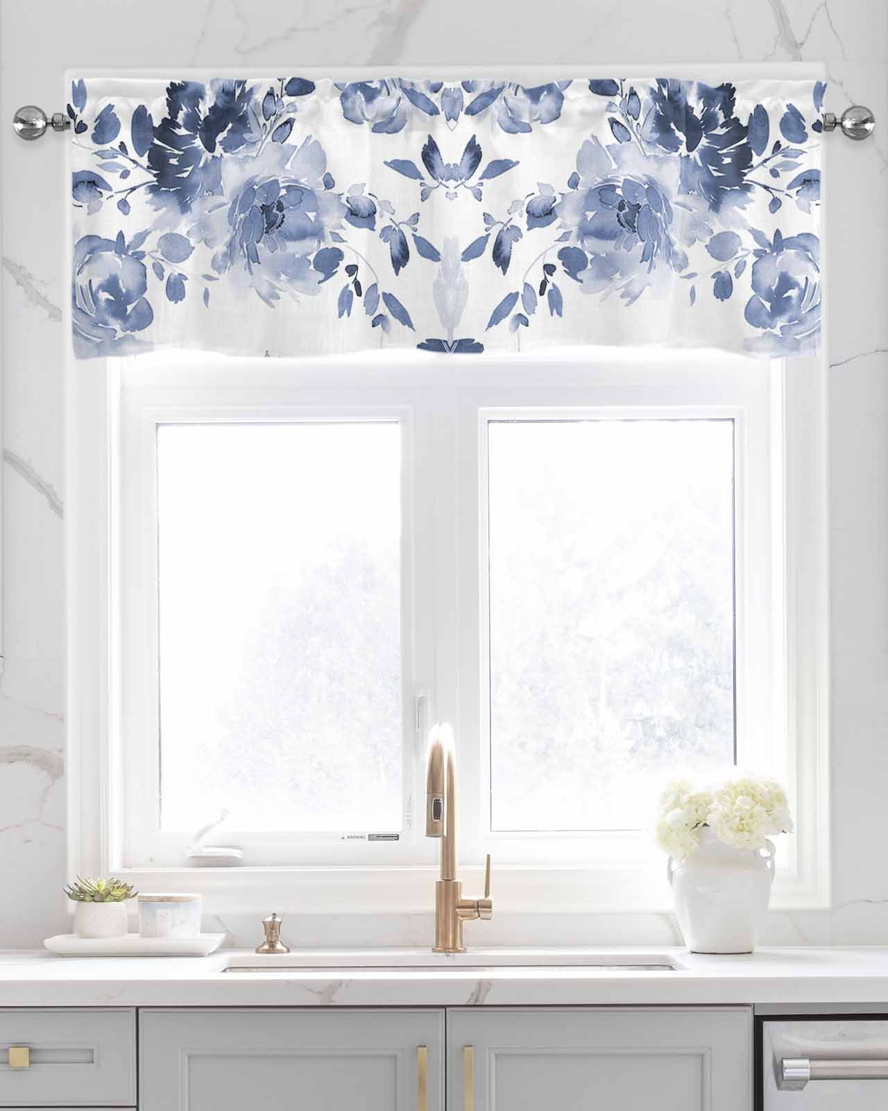 Faux Linen Valances for Windows Blue Watercolor Flower Art Painting ...