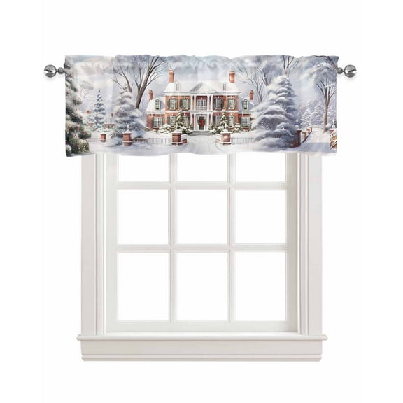 Faux Linen Valances for Windows Christmas Farm House Xmas Tree Snow Landscape Xmas Wreath Curtains Valance Light Filtering Rod Pocket Small Window Treatment for Kitchen Living Room Bedroom 42x18In
