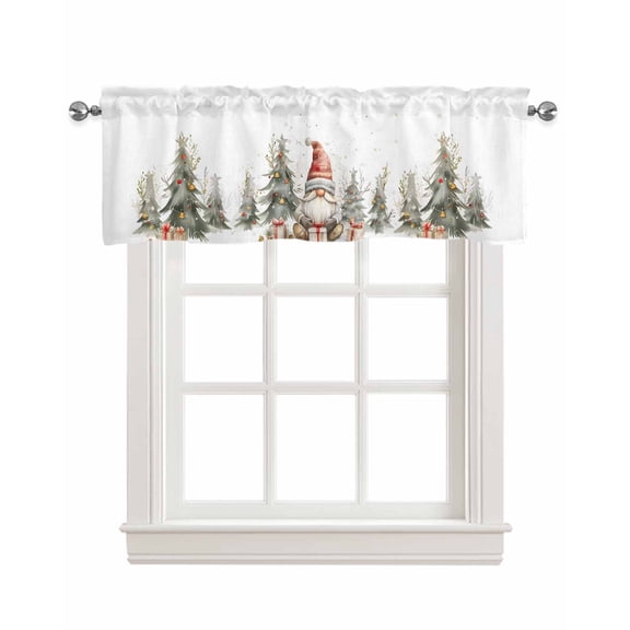Faux Linen Valances for Windows Christmas Gnome Evergreen Cap Bells Watercolor Curtains Valance Light Filtering Rod Pocket Small Window Treatment for Kitchen Living Room Bedroom 42x12In
