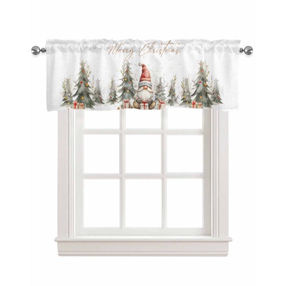 Faux Linen Valances for Windows Christmas Gnome Evergreen Cap Bells Watercolor Squiggle Curtains Valance Light Filtering Rod Pocket Small Window Treatment for Kitchen Living Room Bedroom 42x12In