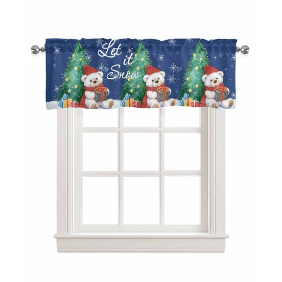 Faux Linen Valances for Windows Christmas Red Cap Bear with Gifts Xmas Tree Snowflake Blue Curtains Valance Light Filtering Rod Pocket Small Window Treatment for Kitchen Living Room Bedroom 42x12In