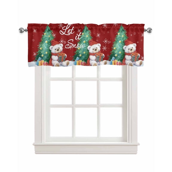 Faux Linen Valances for Windows Christmas Red Cap Bear with Gifts Xmas Tree Snowflake Red Curtains Valance Light Filtering Rod Pocket Small Window Treatment for Kitchen Living Room Bedroom 42x12In