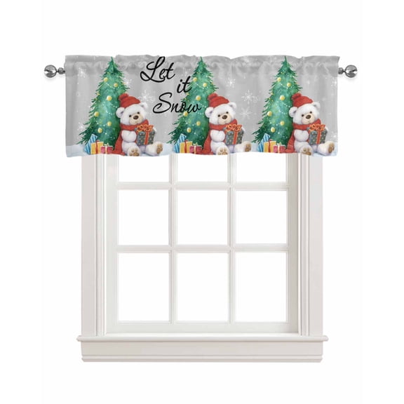 Faux Linen Valances for Windows Christmas Red Cap Bear with Gifts Xmas Tree Snowflake Grey Curtains Valance Light Filtering Rod Pocket Small Window Treatment for Kitchen Living Room Bedroom 42x12In