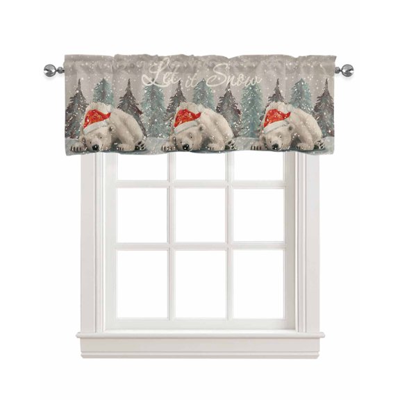 Faux Linen Valances for Windows Christmas Red Cap Bear Pine Tree Snow Day Grey Retro Linen Curtains Valance Light Filtering Rod Pocket Small Window Treatment for Kitchen Living Room Bedroom 42x12In