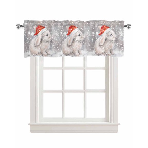Faux Linen Valances for Windows Christmas Red Cap Rabbit Snowflake Grey Ombre Curtains Valance Light Filtering Rod Pocket Small Window Treatment for Kitchen Living Room Bedroom 42x12In