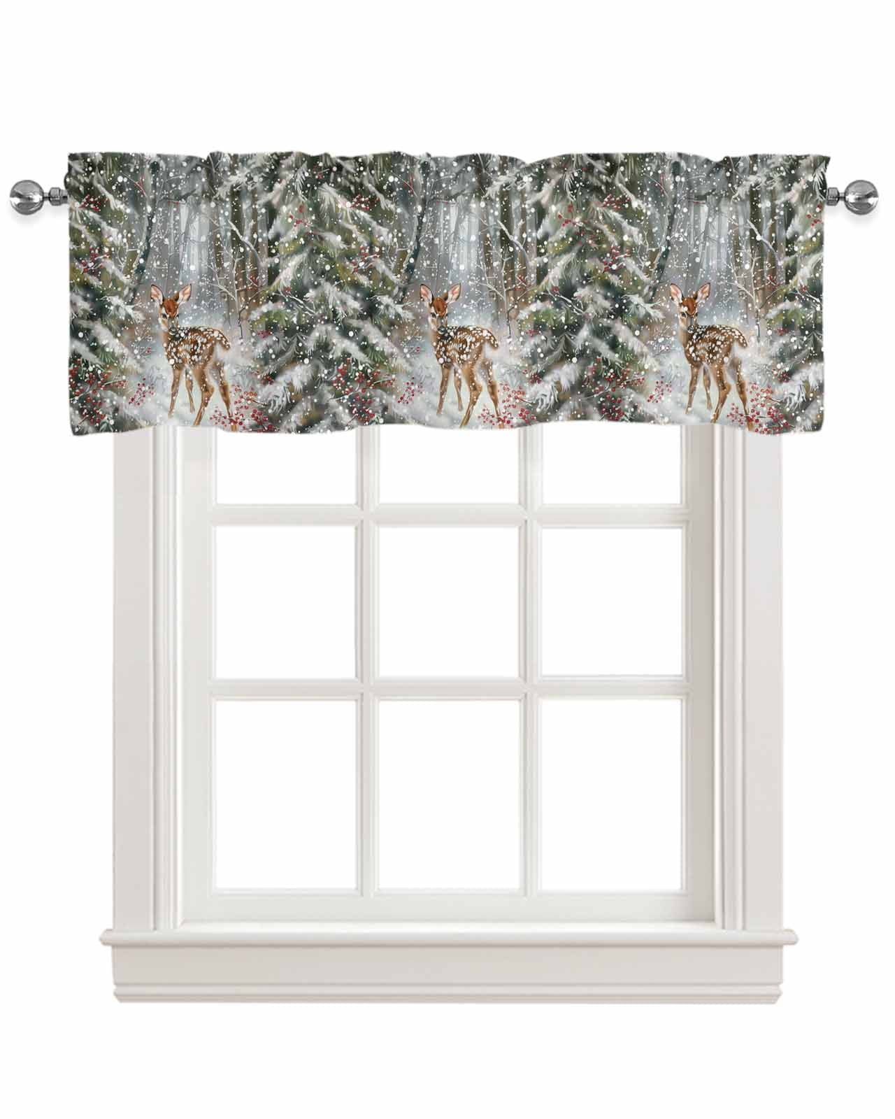 Faux Linen Valances for Windows Christmas Snowscape Deer Pine Tree Snow ...