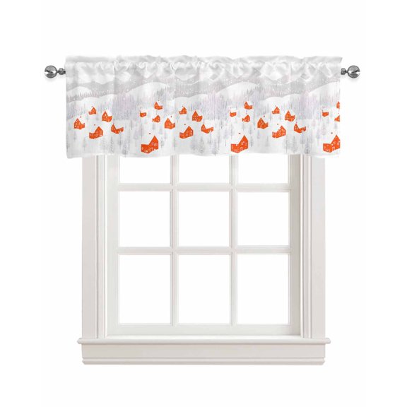 Faux Linen Valances for Windows Christmas Town Red House Grey Xmas Tree Forest Mountain Curtains Valance Light Filtering Rod Pocket Small Window Treatment for Kitchen Living Room Bedroom 42x12In