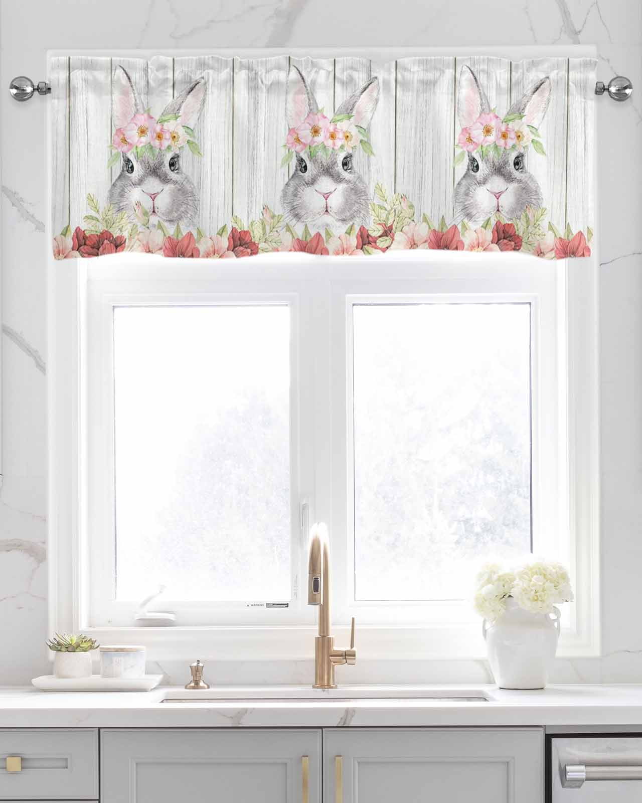 Faux Linen Valances for Windows Easter Watercolor Rabbit Flowers Wood
