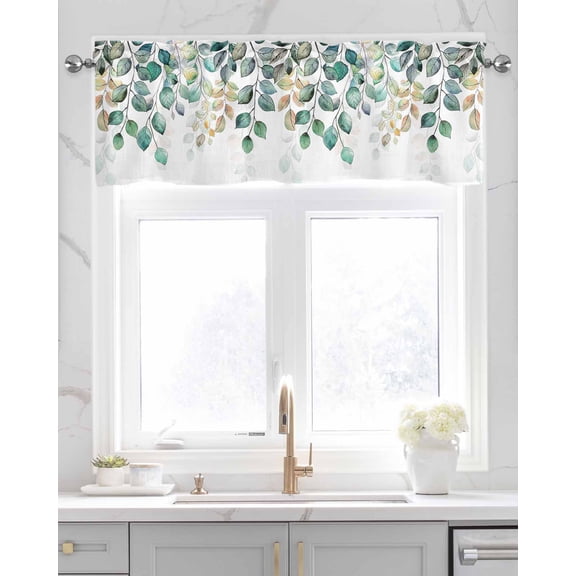 Faux Linen Valances for Windows Fall Thanksgiving Plants Autumn Eucalyptus Leaves Curtains Valance Light Filtering Rod Pocket Small Window Treatment for Kitchen Living Room Bedroom 42x12In