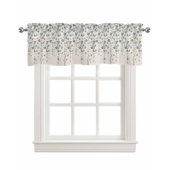 Faux Linen Valances for Windows Flower Blue Grey Cherry Blossoms Cotton Linen Background Curtains Valance Light Filtering Rod Pocket Small Window Treatment for Kitchen Living Room Bedroom 42x18In