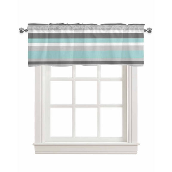 Faux Linen Valances for Windows Geometric Stripes Grey Turquoise Curtains Valance Light Filtering Rod Pocket Small Window Treatment for Kitchen Living Room Bedroom 60x18In