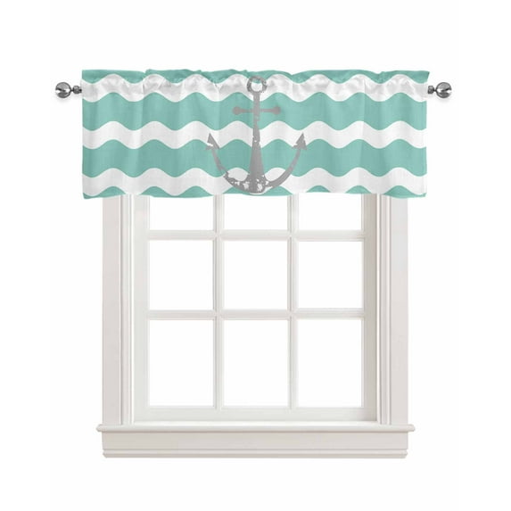 Faux Linen Valances for Windows Grey Nautical Anchor Teal Turquoise Wavy Stripes Curtains Valance Light Filtering Rod Pocket Small Window Treatment for Kitchen Living Room Bedroom 54x18In