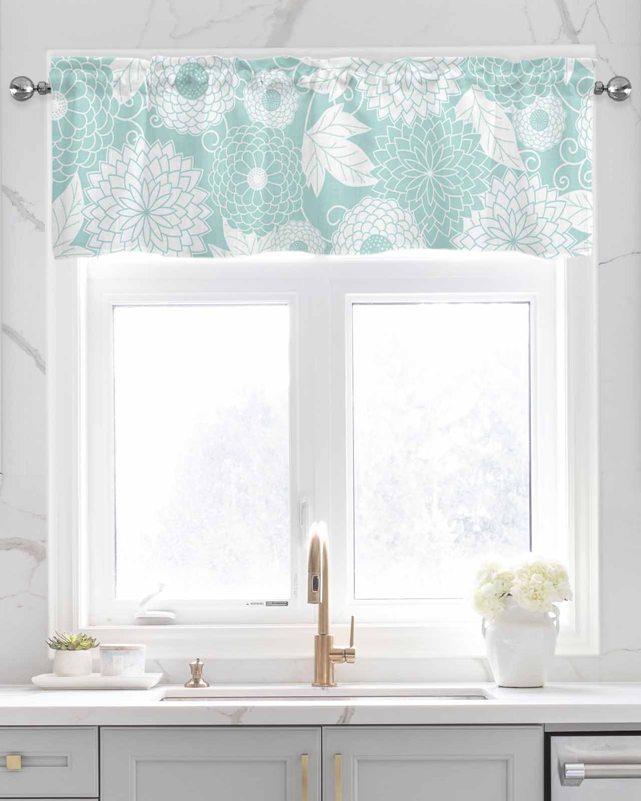 Faux Linen Valances for Windows Light Green Abstract Floral Pattern Curtains Valance Light Filtering Rod Pocket Small Window Treatment for Kitchen Living Room Bedroom 42x18In