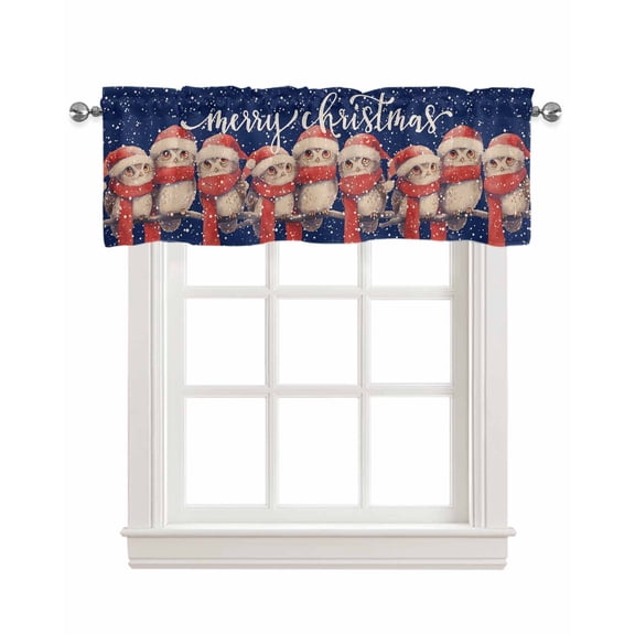 Faux Linen Valances for Windows Merry Christmas Red Cap Scarf Owl Snow Day Blue Retro Linen Curtains Valance Light Filtering Rod Pocket Small Window Treatment for Kitchen Living Room Bedroom 42x12In