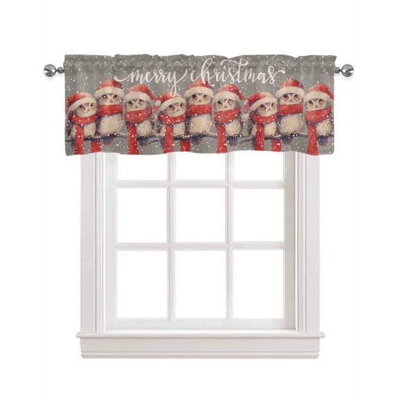 Faux Linen Valances for Windows Merry Christmas Red Cap Scarf Owl Snow Day Grey Retro Linen Curtains Valance Light Filtering Rod Pocket Small Window Treatment for Kitchen Living Room Bedroom 42x12In
