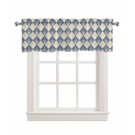 Faux Linen Valances for Windows Modern Abstract Geometric Blue Gold Vintage Feather Texture Curtains Valance Light Filtering Rod Pocket Small Window Treatment for Kitchen Living Room Bedroom 42x18In