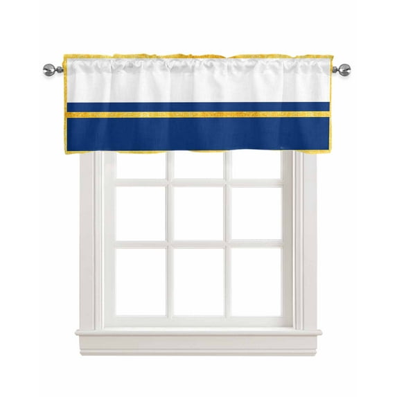 Faux Linen Valances for Windows Modern Art Luxury Navy Blue Yellow Stripe White Curtains Valance Light Filtering Rod Pocket Small Window Treatment for Kitchen Living Room Bedroom 60x18In