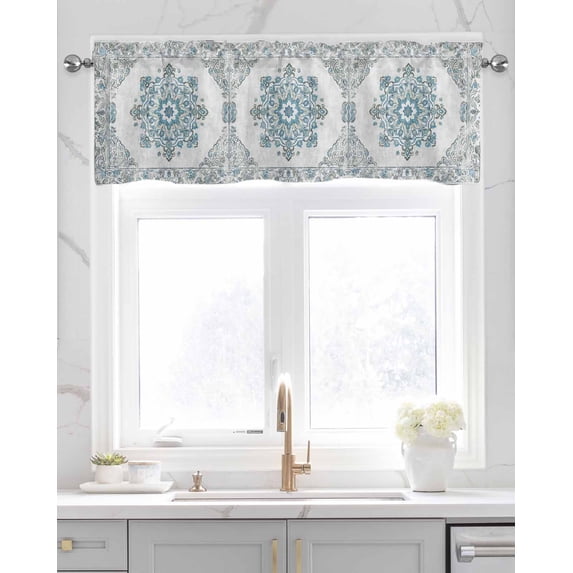 Faux Linen Valances for Windows Retro Abstract Ethnic Style Flowers Curtains Valance Light Filtering Rod Pocket Small Window Treatment for Kitchen Living Room Bedroom 54x18In