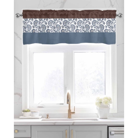 Faux Linen Valances for Windows Rustic Floral Retro Flower Pattern Indigo Navy Brown Curtains Valance Light Filtering Rod Pocket Small Window Treatment for Kitchen Living Room Bedroom 42x12In