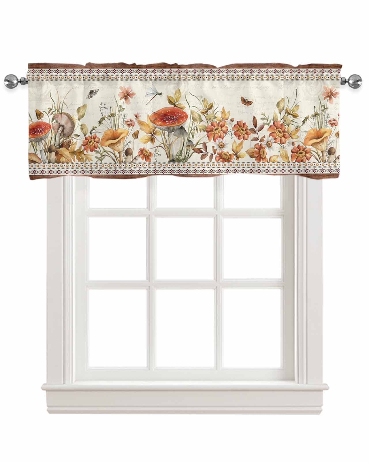 Faux Linen Valances for Windows Rustic Mushroom with Flowers Wood Grain ...
