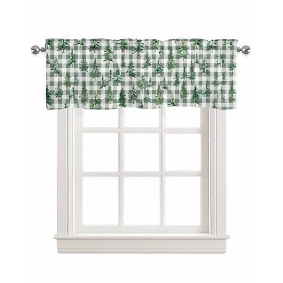 Faux Linen Valances for Windows Sage Green Buffalo Grid Xmas Tree Watercolor Pattern Curtains Valance Light Filtering Rod Pocket Small Window Treatment for Kitchen Living Room Bedroom 42x12In