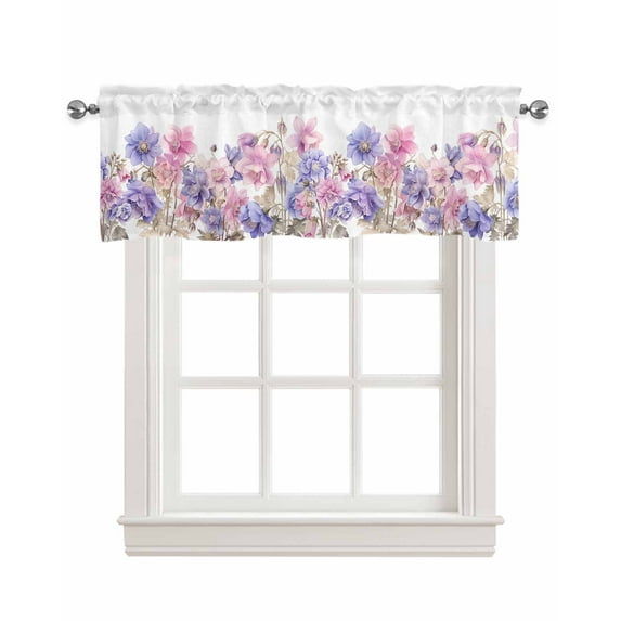 Faux Linen Valances for Windows Spring Farmhouse Style Plant Pink and Purple Flowers Curtains Valance Light Filtering Rod Pocket Small Window Treatment for Kitchen Living Room Bedroom 42x12In