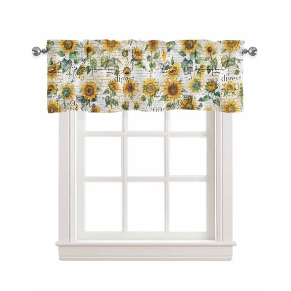 Faux Linen Valances for Windows Summer Vintage Sunflowers White Old Newspaper Texture Curtains Valance Light Filtering Rod Pocket Small Window Treatment for Kitchen Living Room Bedroom 60x18In