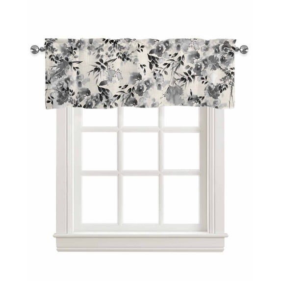 Faux Linen Valances for Windows Summer Watercolor Gray Flowers Beige Curtains Valance Light Filtering Rod Pocket Small Window Treatment for Kitchen Living Room Bedroom 54x18In