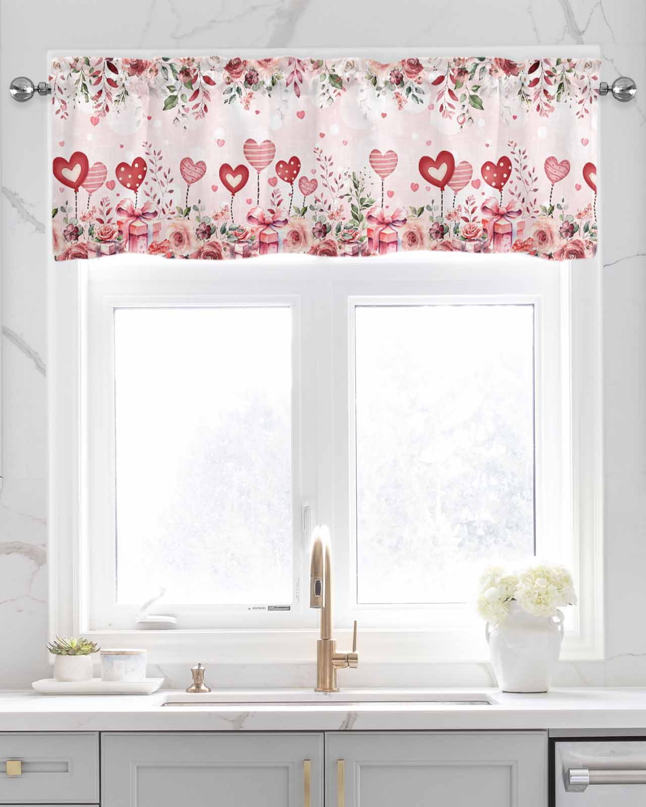Faux Linen Valances for Windows Valentine's Day Pink Rose Love Heart ...