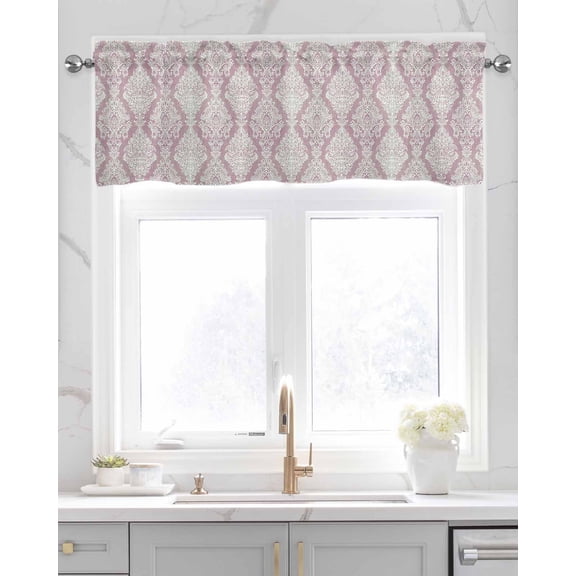 Faux Linen Valances for Windows Vintage Floral Purple Floral Pattern Middle Eastern Style Curtains Valance Light Filtering Rod Pocket Small Window Treatment for Kitchen Living Room Bedroom 42x12In