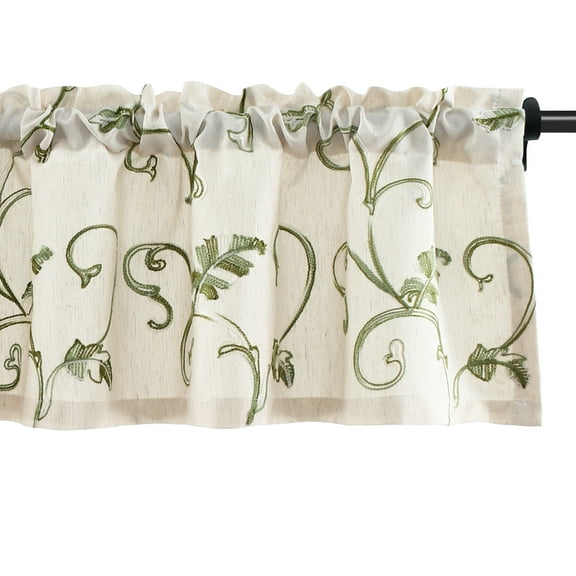 VOGOL Faux Linen Vines Embroidered Valance, Rod Pocket Decor Light Filtering Curtain for Kitchen, 52 x 18inch, Grass Green