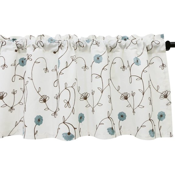 VOGOL Faux Linen Vines Embroidered Valance, Rod Pocket Decor Light Filtering Curtain for Kitchen, 52 x 18inch, Gray