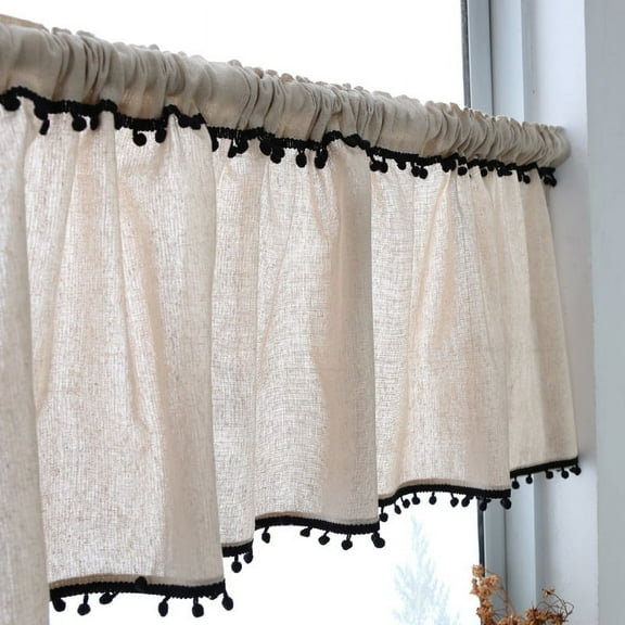 Faux Linen White Kitchen Valances with Tassels Modern Farmhouse Valance Curtains Topper Country Rustic Bathroom Small Window Treatment Boho Decor (59x15 inch, Black Tassels)