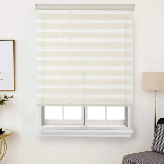 Faux Linen Zebra Shade, Cordless Free-Stop Zebra Blind with Dual Layer 27" x 72" tural linen