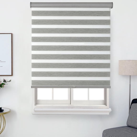 Faux Linen Zebra Shade, Cordless Free-Stop Zebra Blind with Dual Layer for Bedroom/Living Room/Office