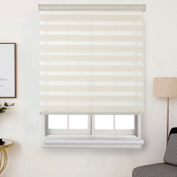 Faux Linen Zebra Shade, Cordless Free-Stop Zebra Blind with Dual Layer for Bedroom/Living Room/Office