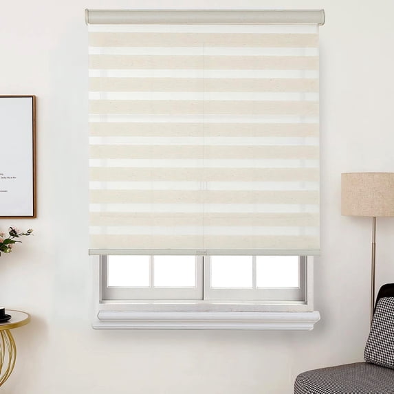 Faux Linen Zebra Shade, Cordless Free-Stop Zebra Blind with Dual Layer for Bedroom/Living Room/Office