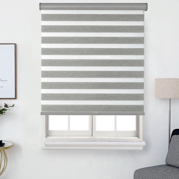 Faux Linen Zebra Shade, Cordless Free-Stop Zebra Blind with Dual Layer for Bedroom/Living Room/Office