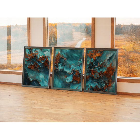 Faux Look Textured Patina Triptych Rustic Copper Turquoise Gallery Set For Decorative Wall Art Poster, , Poster Only